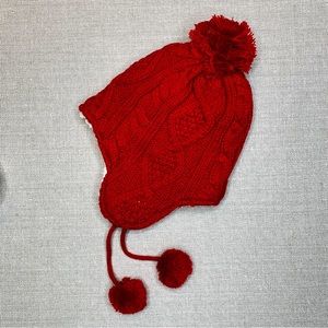 LANDS' END Rich Red Cable Knit Kid's Hat Sherpa Fleece Lined Unisex Medium/Large